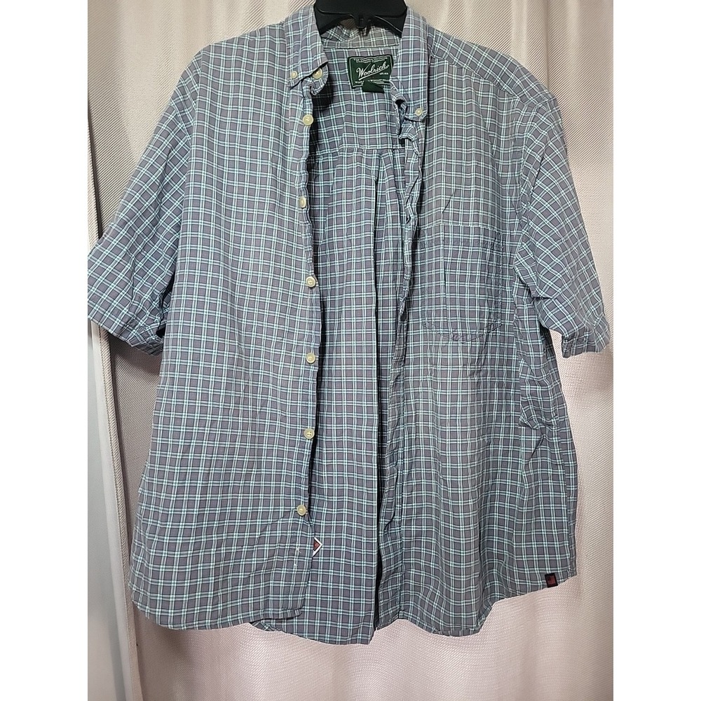 Woolrich Mens Button Down Shirt.  Short Sleeves 100% Cotton Teal/orange Large